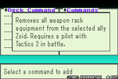 Parts Removal’s revised description fits in one window: removes all weapon rack equipment from the selected ally Zoid; requires a pilot with Tactics 2.