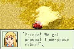 Regina’s original dialogue uses widely spaced letters: “Prince! We got unusual time-space vibes!”